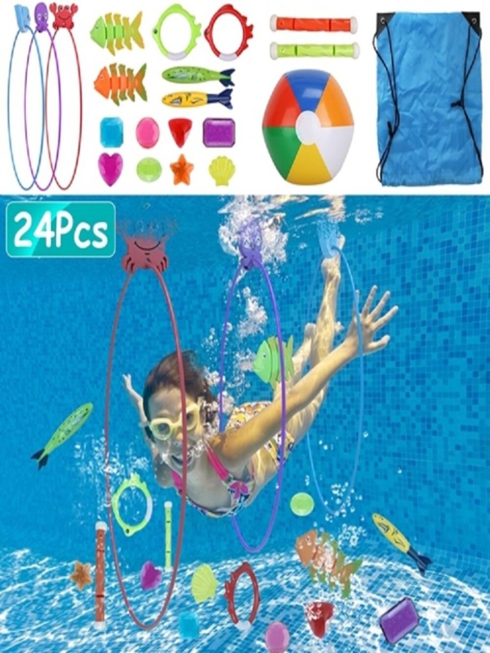 24Pcs Diving Toys Swimming Pool Toys Swim Toys for Kids Aged 3+ Years Old Swim